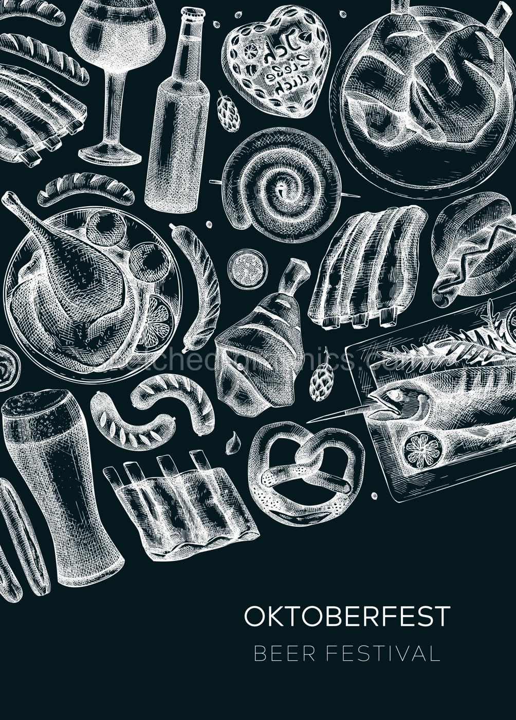 Oktoberfest background on chalkboard. German food and drinks menu design. Vector meat dishes sketches. German cuisine vintage wreath. Popular beer festival illustration in sketched style.  Illustration